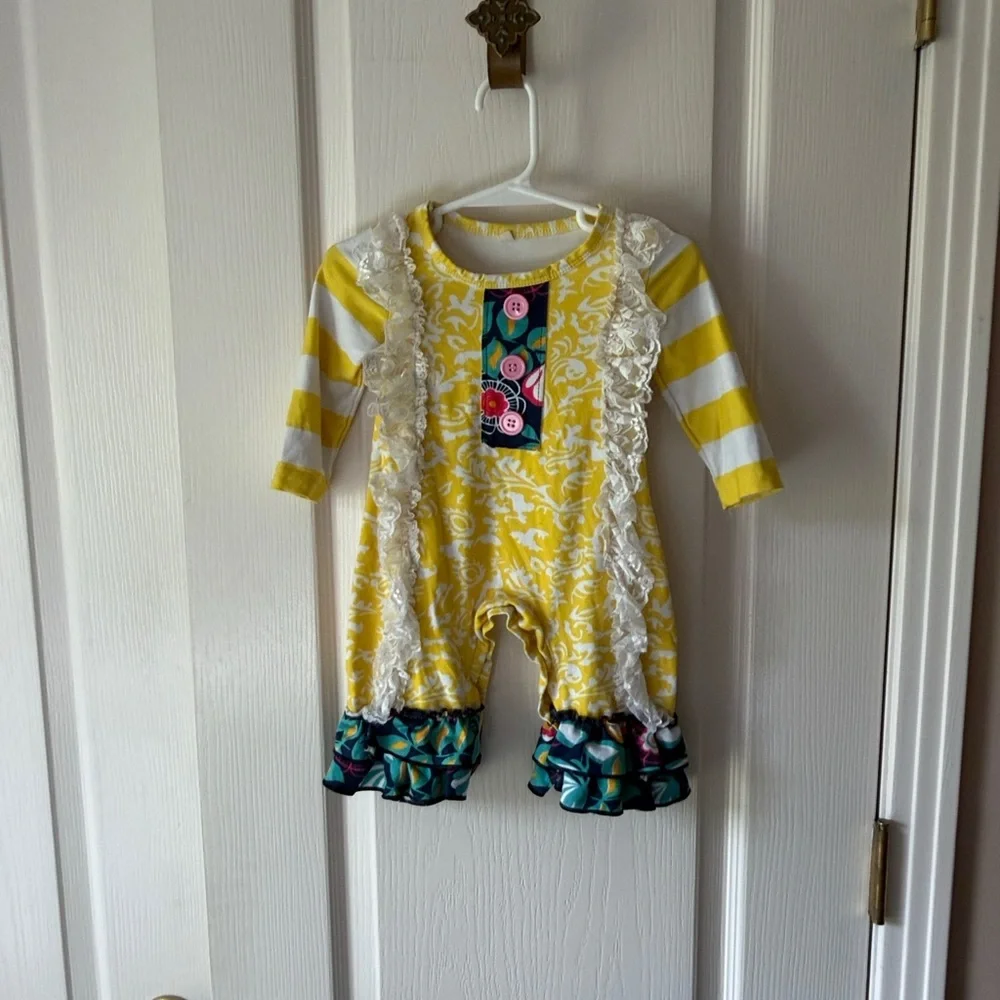 Yellow Striped Kids One Piece with Lace Trim